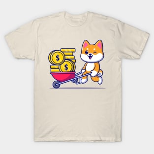 Cute Shiba Inu Dog Pushing Cart Gold Coin Cartoon T-Shirt